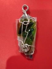 Pendant, Handcrafted sea-Beach-Glass Wire-Wrap Green-clear-tone, 3"