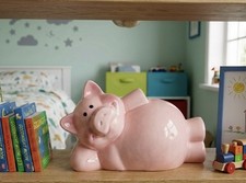 Piggy Bank Pink Ceramic Reclining Sassy Lying Down Swine Pig Vintage