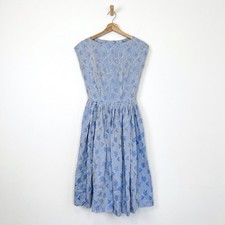 Vintage 1950s Blue Leaf Print Cotton Dress Fit and Flare Mid-Century Swing 25W