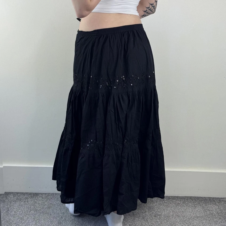 Y2K Vintage Boho Maxi Falda Lentejuelas Una Línea Cordón Bordado Ligero  Foto 4 de 4