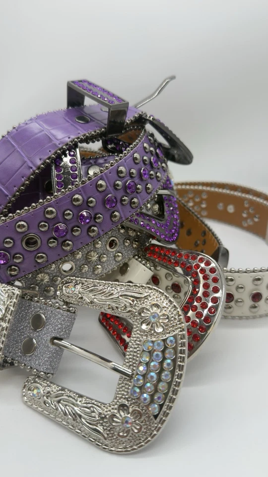 Cinturones 4 Bb Simon, estrás cinturones de cuero tachonado de rojo rubí a magenta Foto 3 de 4