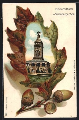 Mat lithograph Leoni / Lake Starnberg, Bismarckthurm in oak leaf 