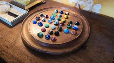 Antique Wooden Solitaire Board & 33x Vintage Glass Marbles - Nice Rare Set