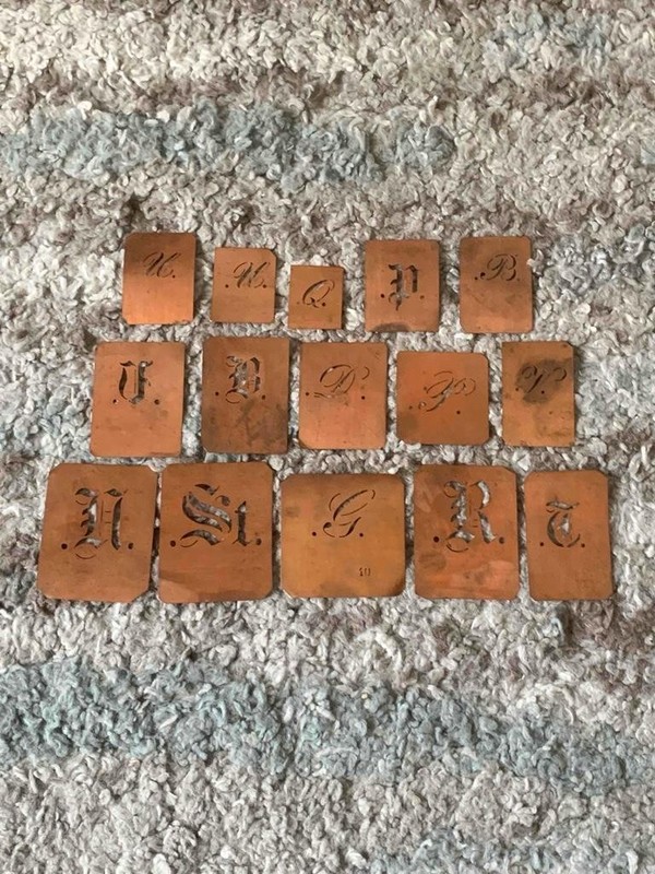 Lot of (15) Vintage Copper Monogram Letter Initials Embroidery Stencils