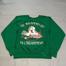 VTG 90 Green Polar Bear Christmas Ugly Xmas Office USA Sweater Sweatshirt L-3848