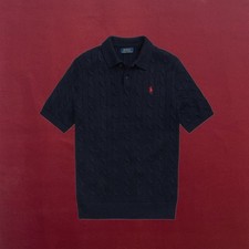 POLO RALPH LAUREN DARK NAVY COTTON CABLE KNIT POLO-COLLAR S/L SWEATER SIZE XL
