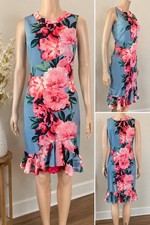 Vince Camuto Size 6 Blue Pink Floral Dress Sleeveless Flounce Hem Wedding Spring