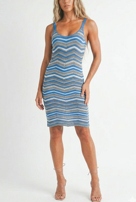 Emory Park Chevron Knit Midi Dress Blue Adjustable Straps NWT Small