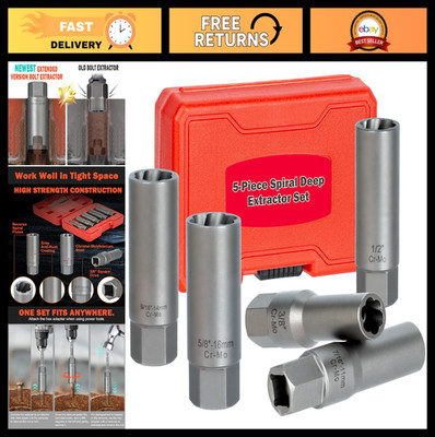 5PCS Deep Bolt Extractor Set - Easy Out Socket Kit for Stripped, Broken Bolts &