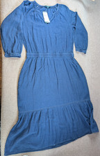 Ralph Lauren LRL Linen Blend Denim Dress 14 Indigo Tiered Midi Peasant Smocked