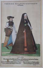 Jost Amman: Trachtenbild einer Frankfurter Kaufmannsfrau, kol. Holzschnitt 1577