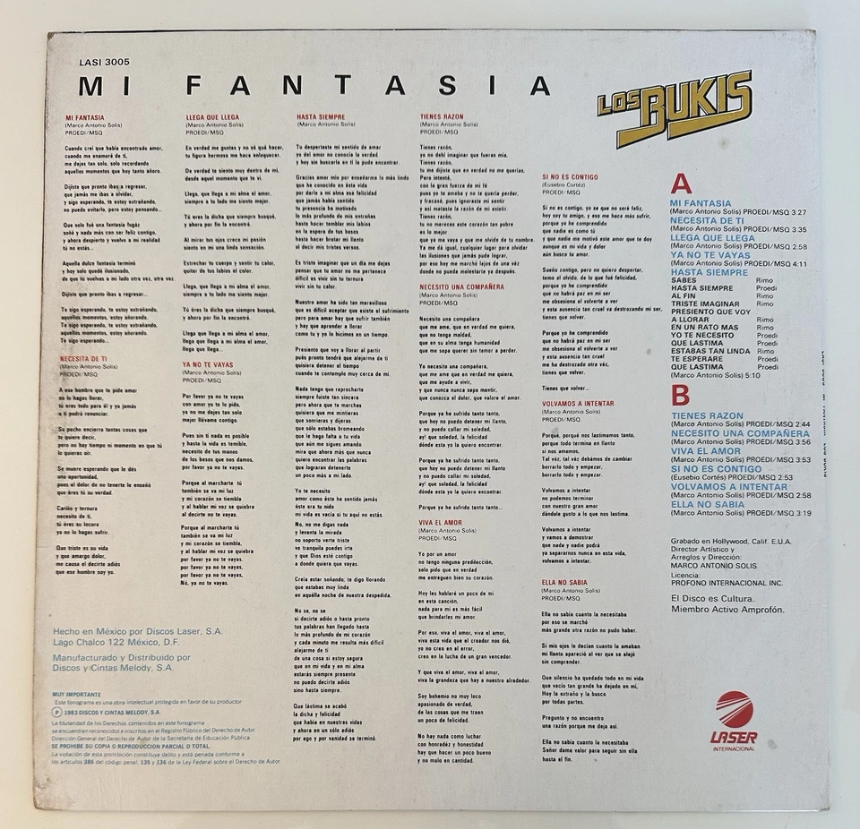 Los Bukis - Mi Fantasía (1 x LP, Vinyl, Vinilo, 1983 MX, VG) - Image 2 of 4