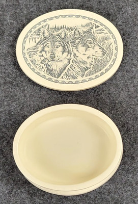 Two Wolves Resin Trinket Box by North Coast Trading Company Oval Faux Ivory