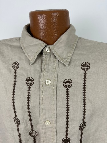 Lucky Brand Linen Shirt Men L Embroidered Asian Hippie Button Up Vintage Y2K - Picture 2 of 19