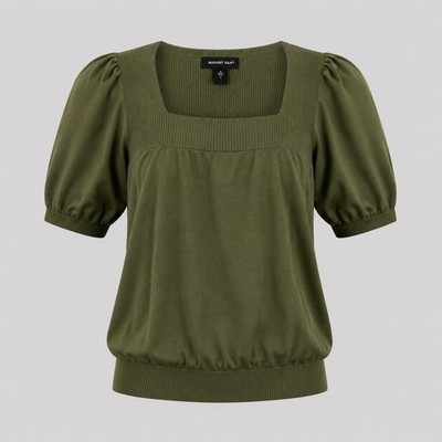 Vintage August Silk Olive Green Silk Blend Puff Sleeve Knit Top Women Medium NWT