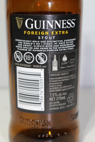 Guinness Foreign Stout Arthur Guinness Empty Bottle w/Cap - Jamaica - Picture 8 of 11