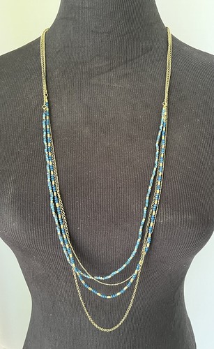 Multistrand Blue & Gold Seed bead Necklace Long, Gold-toned Chains, adjustable - Picture 2 of 8