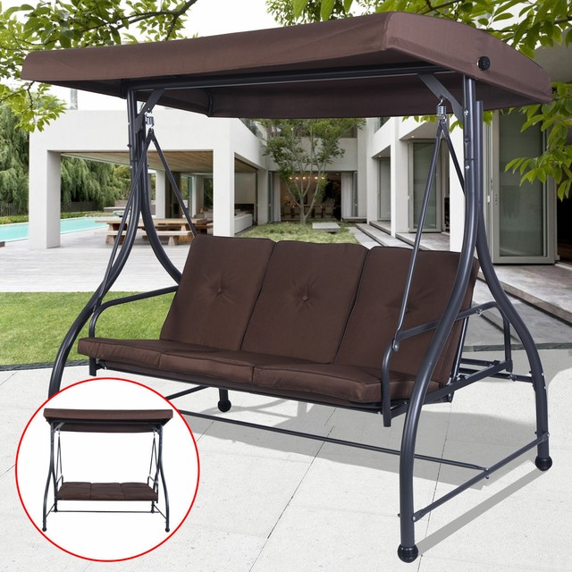Converting Outdoor Swing Canopy Hammock 3 Seats Patio Deck Furniture Brown