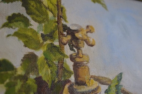 Vintage Painting Two Sparrow Birds on Garden Pail Flowers Oil on Canvas Framed - Picture 11 of 24