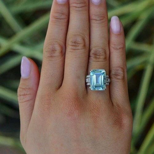 Emerald Cut Natural Aquamarine White Gold Plated silver Art Deco Wedding Ring - 第 3/10 張圖片