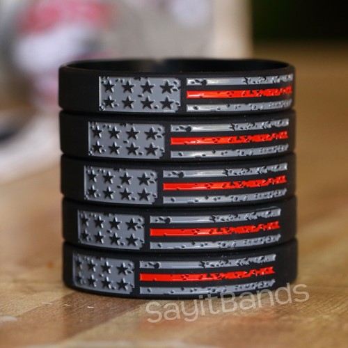 100 Worn Distressed USA Flag Wristbands - The Thin RED Line Fire Services Bands - Picture 3 of 5