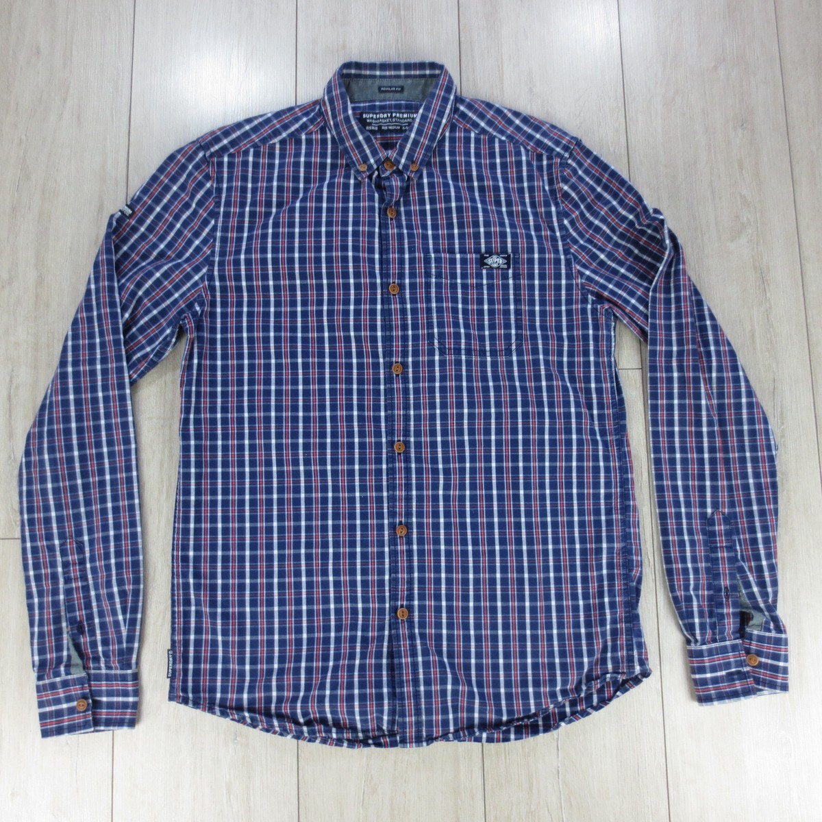 Superdry Chemise Homme M Bleu Coton Manches Longues Carreaux