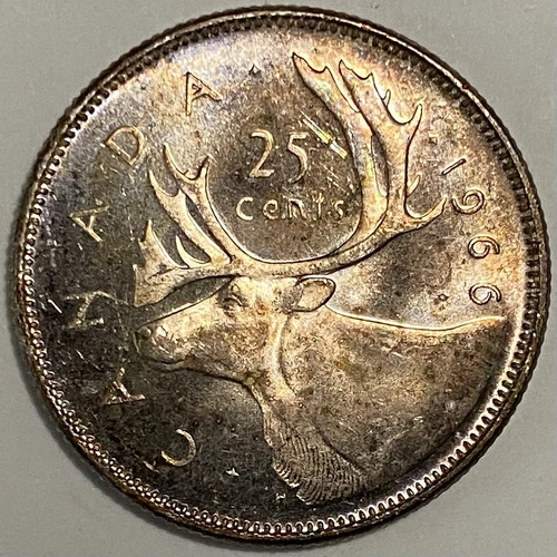 Brilliant Uncirculated 1966 Canada 25 Cents Quarter Dollar Silver Toned Coin
