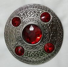 Celtic Kilt Brooch Red 5 Stones Antique Finish/Scottish Kilts Fly Plaid Brooches