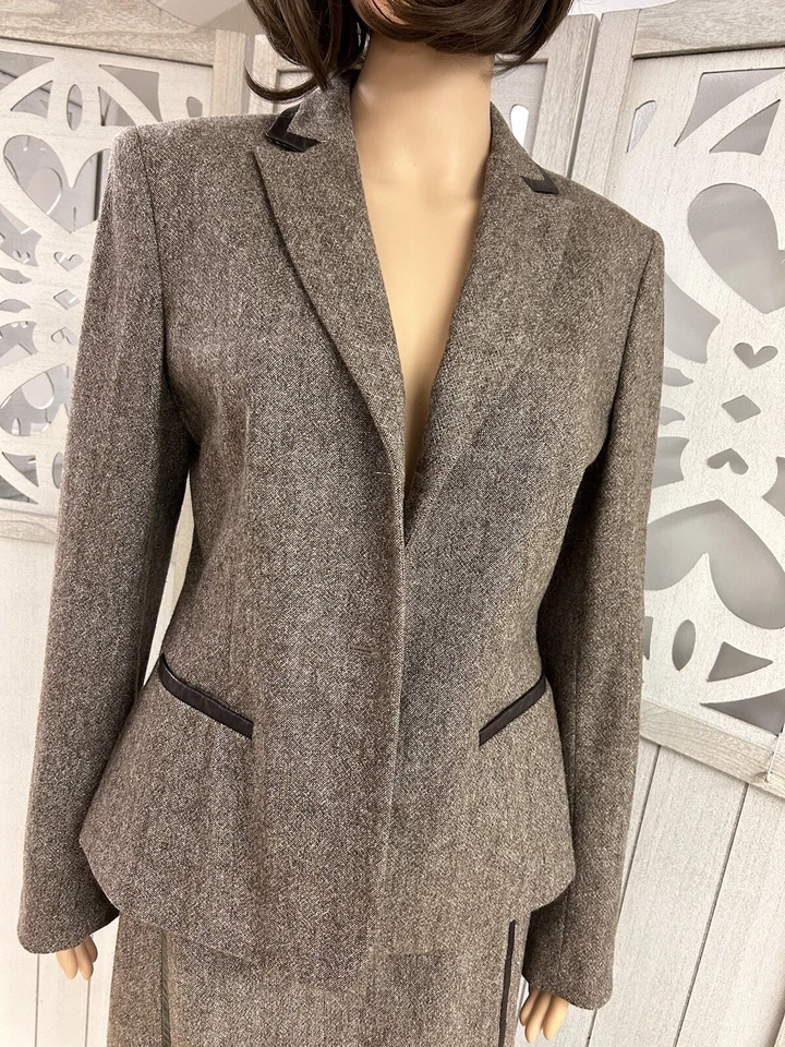 Conjunto de traje falda de tweed marrón City DKNY mezcla de lana talla 10 ribete de cuero sintético Foto 2 de 4