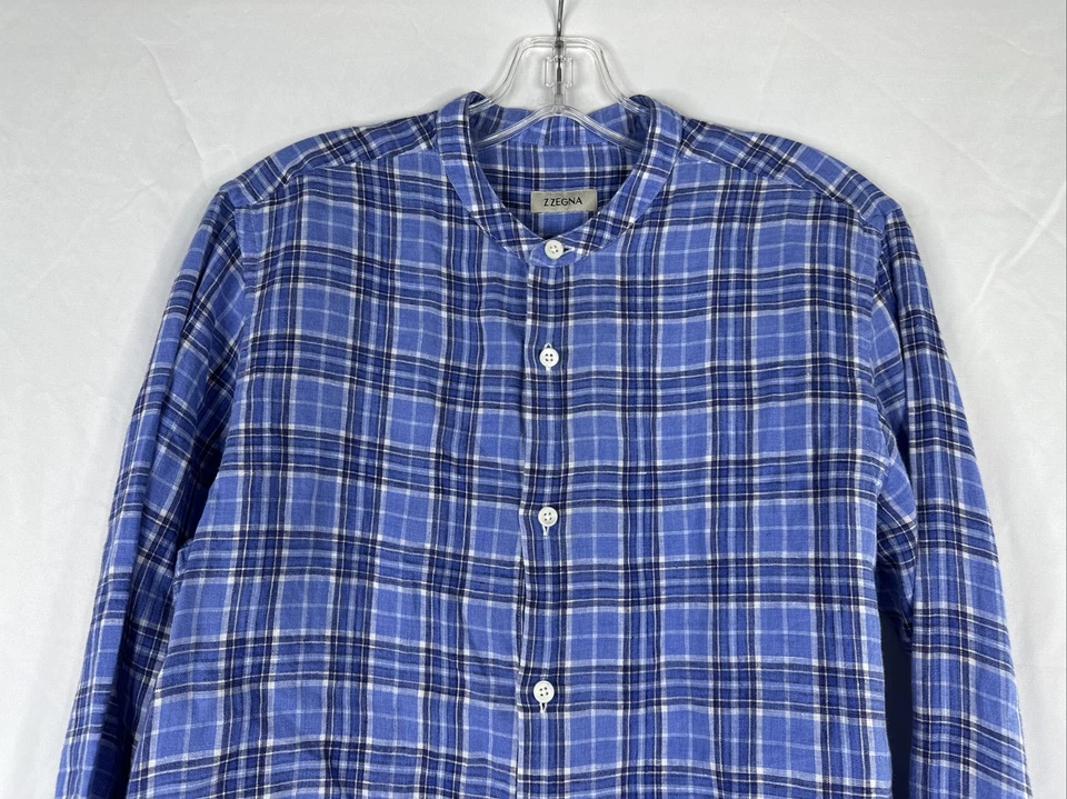 Camisa de lino con botones Z Zegna para hombre talla M azul a cuadros manga larga sin cuello Foto 2 de 4