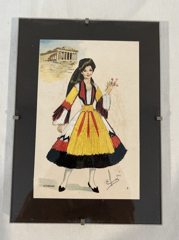 ELSI GUMIER Silk Embroidered Postcard Lady in Dress Greece Costume Athinae