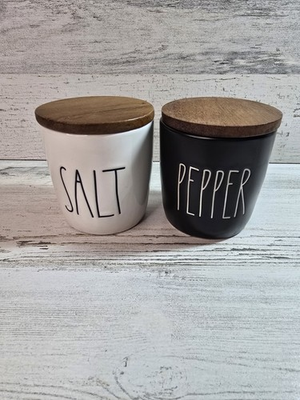 #ad Rae Dunn Artisan Collection Salt and Pepper Cellar Set White Black Wood Lids $21.99