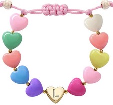 L Initial Heart Bracelets for Women Girls Luck 14K Gold Plated Beaded Lette...