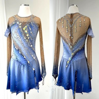 Ice Figure Skating Dress Rhythmic Gymnastics Twirling Competition blue dyeing