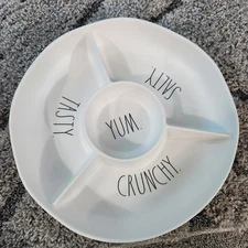 Rae Dunn White 100% Melamine Chip And Dip Bowl Platter - Yum Crunchy Tasty Salty