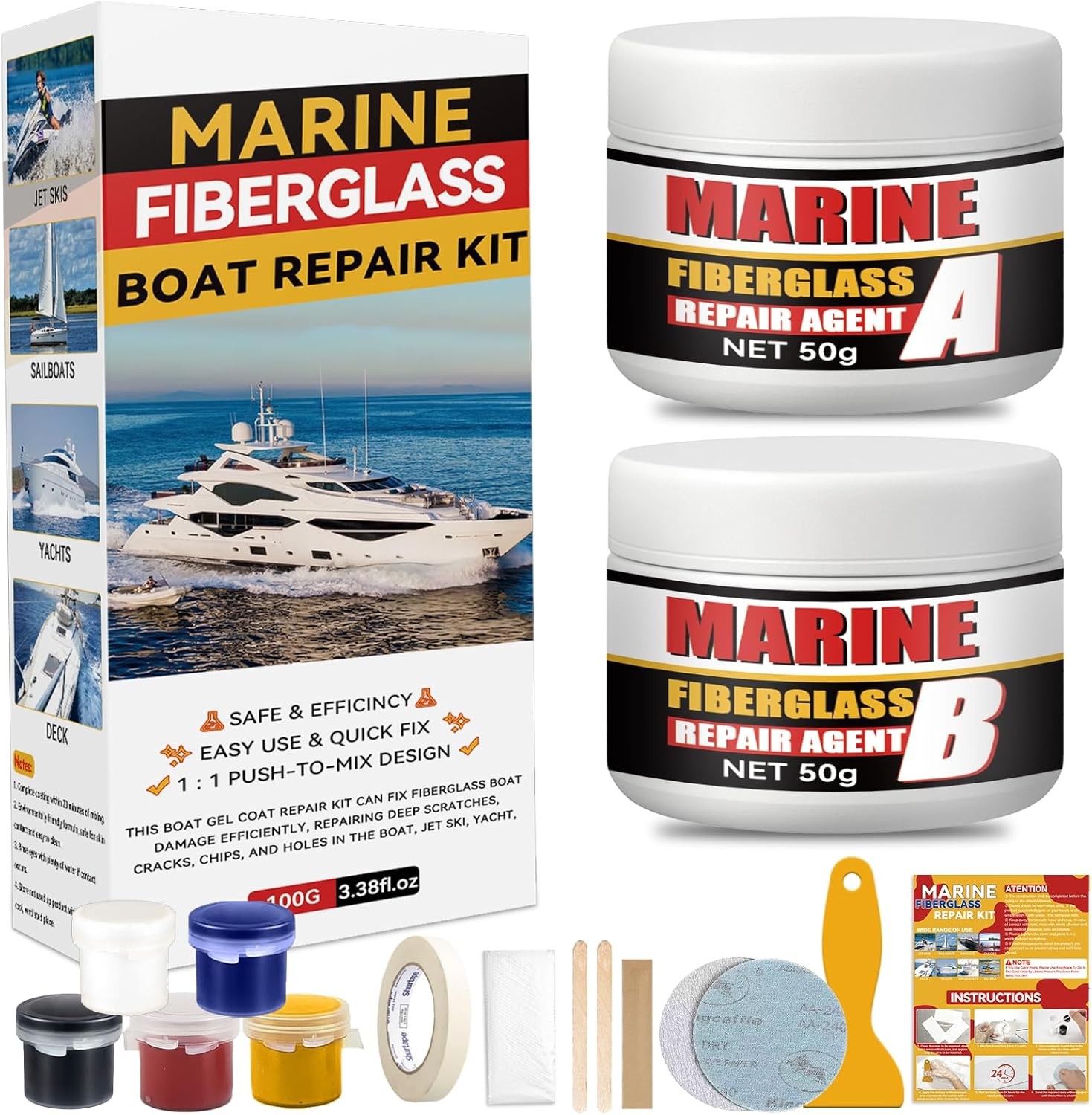 Marine Fiberglass Repair Kit, Boat Gel Coat Repair Kit, Waterproof Fiberglass Re