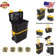 Portable Tool Box Wheels Rolling 2-in-1 Stackable Comfort Handle Rugged Plastic