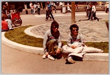 Vtg Color Snapshot Two Teens Sitting On Curb Sunglasses Casual 80s Fashion 1980s