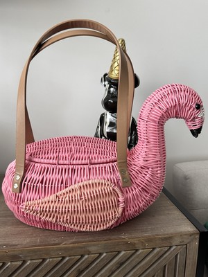 PINK FLAMINGO PICKNICK WEIDENKORB ROSA AUFBEWAHRUNGSKORB WEIDENTASCHE TK MAXX SELTEN