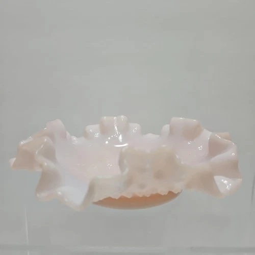 Rare Fenton Pastel Rose Pink Hobnail Milk Glass Ruffled Bon Bon Candy Dish 5.5”