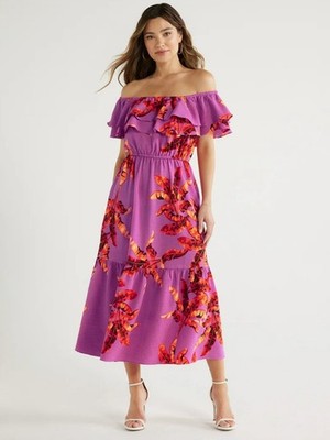Sofia Vergara Women's Ruffle Off Shoulder Maxi Dress, Size L Purple sun dress