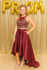 Dave Johnny Two Piece Burgundy High Low Gold Gown Prom Embroidered Gala SZ 3/4
