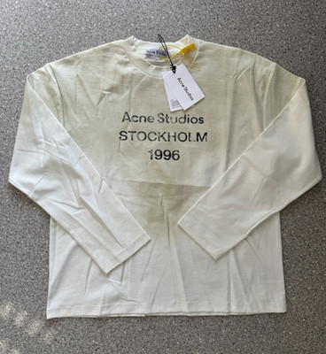 Acne Studios Damen Langarm T-Shirt Creme Rundhals Logo-Print Baumwolle Gr. L