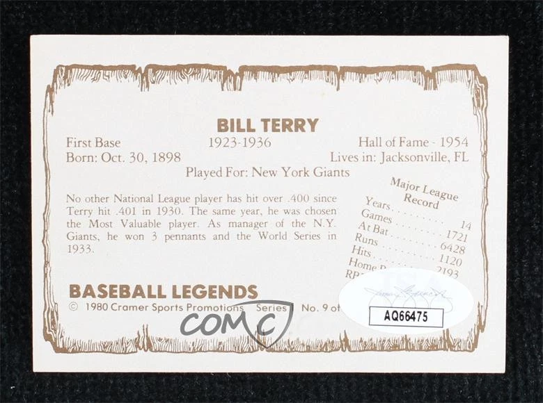 JSA Certified 1980 Cramer Baseball Legends Series 1 Bill Terry #9 COA Auto HOF - Image 2 of 2