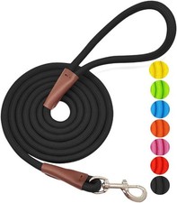 10FT Black Nylon Rope Dog Leash Heavy Duty Reinforced Leather  Silver Clasp