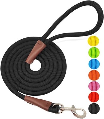 10FT Black Nylon Rope Dog Leash Heavy Duty Reinforced Leather & Silver Clasp