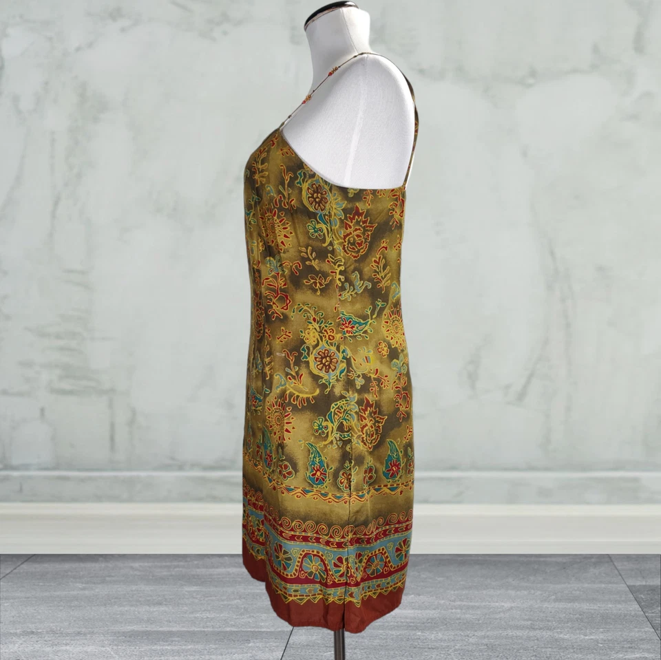 Винтажный 90-х мини сарафан размер M бисером ремни зеленый пейсли границы печати  - Изображение 2 из 4