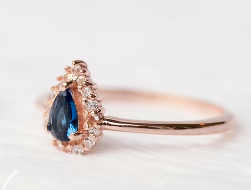 London Blue Topaz & White Round Shape Moissanites 10K Rose Gold Halo Ring - Picture 2 of 6