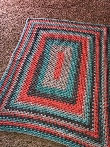 VTG Handmade Crocheted Afghan/ Baby Blanket Coral, Mint green Square Never Used - Picture 1 of 5