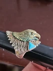 Vintage Ted Ott Sterling Silver, Brass & Turquoise Eagle Ring - Size 10